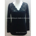 Black Lace Sleeve V Neck Sexy Lady Fashion Shirt Top